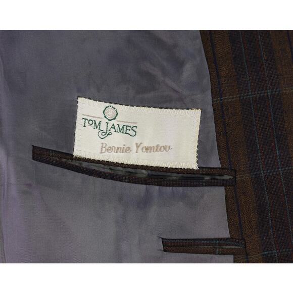 Tom James Vintage 80s Burgundy Brown Plaid Raw Silk 2-Btn Blazer Jacket 46R - Picture 7 of 9